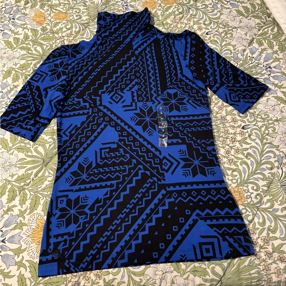 Lauren Ralph Lauren Fair Isle Stretch Jersey Blue & Black Pattern Turtleneck Top - Picture 8 of 8
